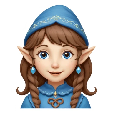 Kind happy whimsical quirky Girl toymaker, wood carving elf. Woodland creator. Blue eyes. brown hair (just below chin length) wavy hair & bangs. Whimsical playful cute sticker