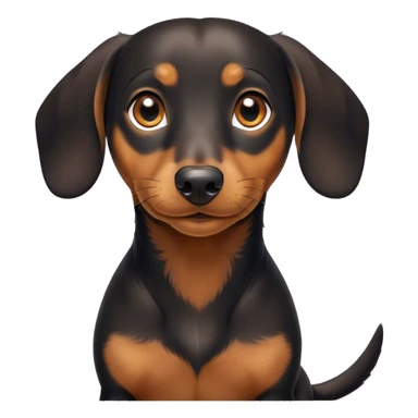 Cinematic Cute black and tan Dachshund Portrait Emoji, Head tilted playfully and inquisitively, featuring a glossy black and tan coat with a sleek sheen, round, sparkling brown eyes filled with curiosity, Simplified yet irresistibly adorable features, highly detailed, glowing with a warm, friendly glow, high shine, affectionate and spirited, stylized with a touch of whimsy, bright and endearing, soft glowing outline, capturing the essence of a mischievous yet loving pup, so playful it feels like it could dash out of the screen and into your arms! sticker