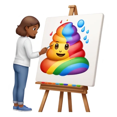 artist painting a rainbow poop emoji on an easel sticker