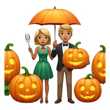 Make a guy hugging a giant pumpkin with a fork in his right hand while there's fire while there's a lady watching while it's raining while there's an umbrella on the ground that's alive and the sun has a bow tie on his neck sticker