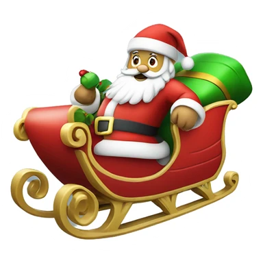 Santa in red sleigh, green sack of gifts, fun and festive sticker