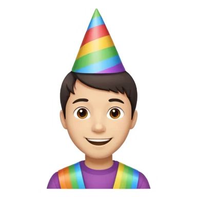Young man, short hair, rainbow birthday party hat, cheerful expression sticker