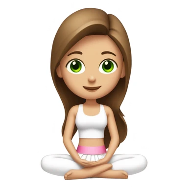 A girl with brown long hair, fair skin and green eyes is sitting in a lotus position in a white bra top and pink skirts sticker