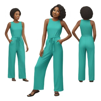 Create an emoji of a turquoise jumpsuit with adjustable waist and wide legs. The jumpsuit should have a modern, stylish design, with vibrant turquoise color and eco-friendly materials like organic cotton sticker
