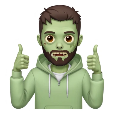 zombie with thumbs up gesture, undercut hairstyle with dark brown hair, short full beard, wearing plain white hoodie sticker