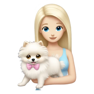 Blond girl white skin blue eyes hugging white Pomeranian with light pink bow sticker