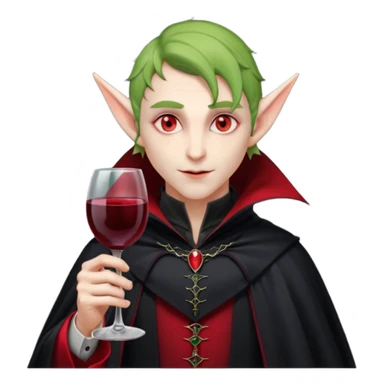 male elf vampire emoji, pale skin, red glowing eyes, long pointed ears, black high-collared cloak with red lining, holding a wine glass filled with red liquid, elegant Halloween fantasy look, smooth Apple emoji style, clean white background, square image sticker