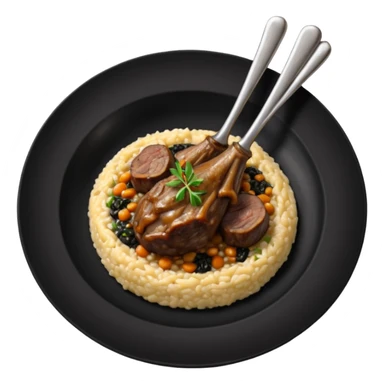 Lamb Shanks with Risotto Nero on a black plate-no cutlery  sticker