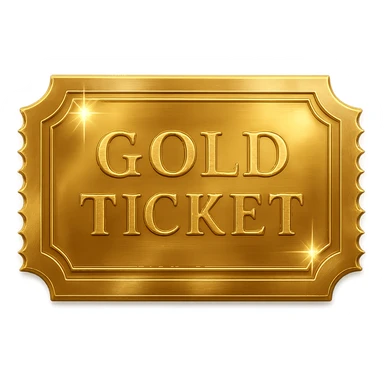 a shiny gold ticket with embossed details, reflective, luxurious, sparkles and shine, glossy finish sticker