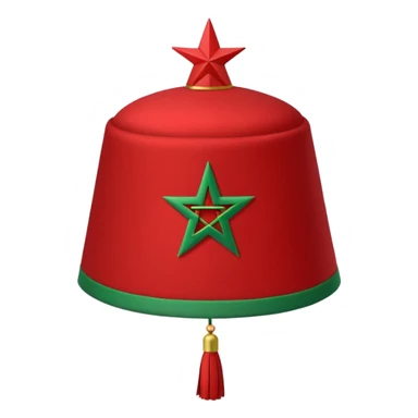Red Moroccan fez hat with a flat top, straight sides, a green five-pointed star on the front, and a thin black tassel hanging from the right side. sticker
