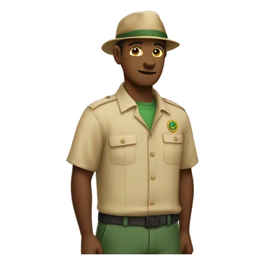 zookeeper, wearing a plain beige shirt and a plain dark cap. on the beige shirt, there is a small logo, that looks like a yellow square with a dark green border sticker