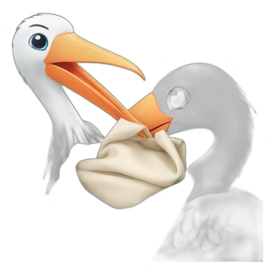 White stork carrying a blue bundle of cloth in its beak that has a human person cute baby human and the human baby head is peeking from the fabric bundle the strok is carrying in its beak sticker