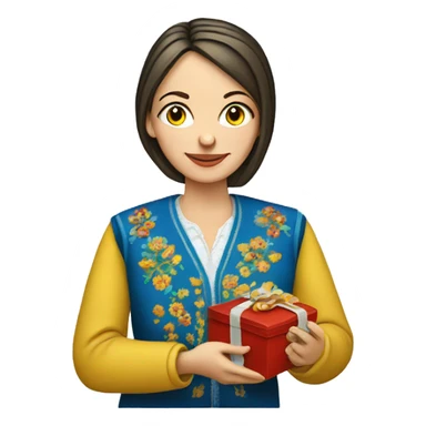 A female teacher in Ukrainian embroidery holds a gift in her hand sticker