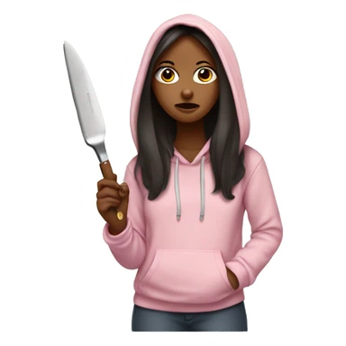Girl with long dark hair in a light pink hoodie with a serious face holding a butter knife sticker