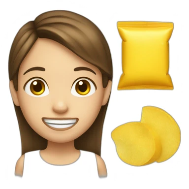 a girl with brown hair with two yellow crisps in place of her 2 front tooth sticker