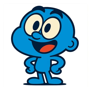 animated blue character with exaggerated head and expressive eyes, cartoon style sticker