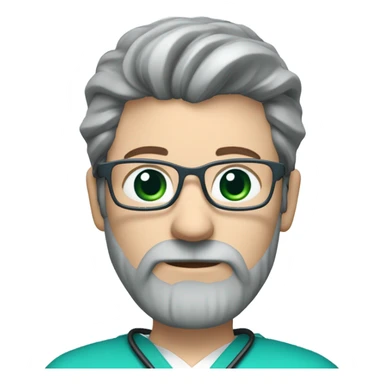 male dark blond with grey beard doctor with blue-green eyes and wire glasses in teal scrubs holding a paintbrush sticker