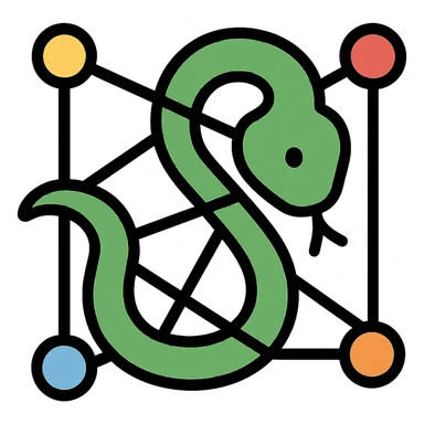 stylized snake forming a network with interconnected lines and nodes, modern icon style sticker