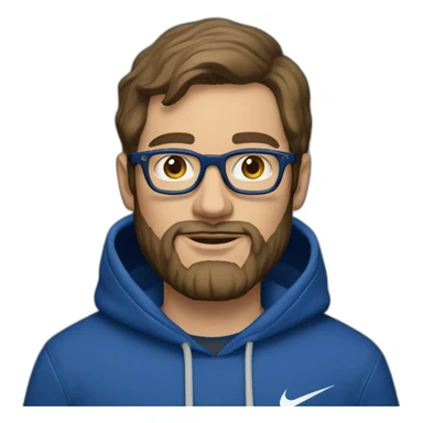 Brown hair white man with a beard and round glasses typing on apple computer wearing a dark blue nike hoodie sticker