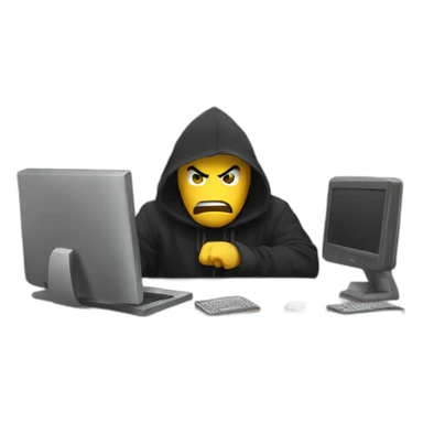 A angry Developer with a black hood behind his computer and taping on his keyboard sticker
