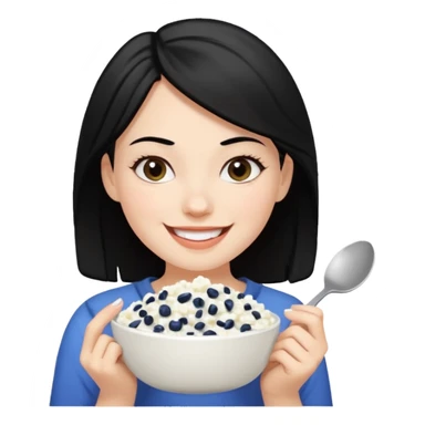 A white girl with black hair eating cottage cheese sticker