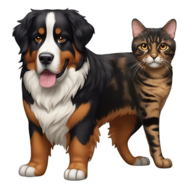 A Bernese dog next to A tortoiseshell cat without white sticker