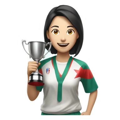 asian happy woman with champion cup sticker