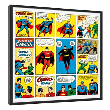 Icon for Vintage American Comics: an open comic book with classic 1940s-1950s American comic art, featuring superheroes in bold, bright colors, with action panels and exaggerated speech bubbles. The icon should represent the nostalgic style of vintage comics. Transparent background. sticker