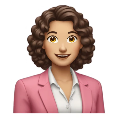 Caucasian Woman with long dark brown hair with loose curls, pretty smile, dressed with a pink blazer sticker