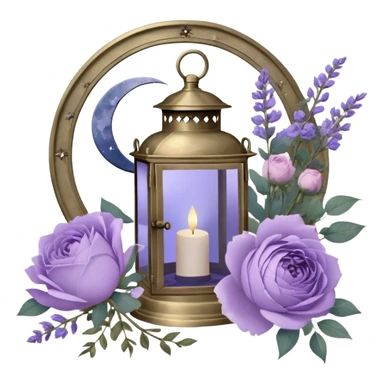 Under the soft light of a vintage brass lantern, a small bundle of lilac roses, indigo peonies, and delicate lavender sprigs is tied with a lace ribbon in a muted violet hue. Above, the sky is scattered with tiny silver stars, reflecting gently in the antique hand mirror with a moon-shaped handle beside the bouquet. sticker