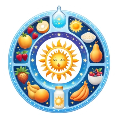 Magical daily fitness nutrition schedule with ethereal water bottle, celestial sun, enchanted chicken and rice plate, mystical gym equipment, glowing yogurt, sparkling fruits, and dreamy sleep symbol, all arranged in a cosmic circle with starry aura sticker