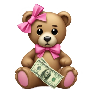 Sad teddy bear with pink bow holding money sticker