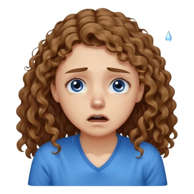white young curly long hair girl, brown hair, with a blue shirt, in despair crying sticker