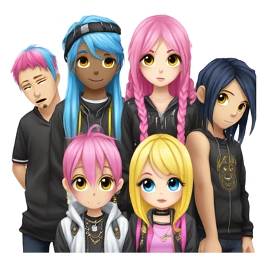 Blue eyed long eye lashes pout blonde and pink hair pale hime gyaru girl, hot pink and yellow split-dyed hair, nose ring, elf ears, dark makeup, punk clothes standing next to three diffrent men praying on their knees sticker