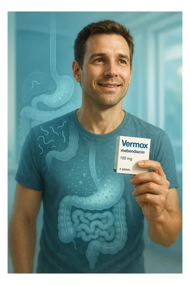 A realistic, cinematic illustration of a man in his late 30s holding a small white box of ‘Vermox’ (mebendazole) in one hand, with a relieved and hopeful expression on his face. Behind him, a semi-transparent overlay shows his digestive tract where small, symbolic worm-like parasites are dissolving and disappearing, indicating the medication’s effect. The environment is clean and bright, with a medical yet hopeful tone, conveying the concept of effective parasite removal. Subtle blue and green tones symbolize cleansing and health restoration, while the man appears energized and ready to reclaim his well-being sticker