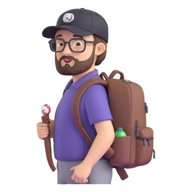 adventurer with goatee beard (no beard on cheeks), short hair, glasses, backwards baseball cap and backpack sticker