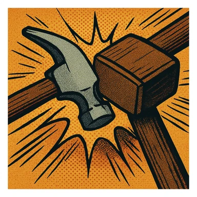 a hammer and mallet colliding head-on from above, dynamic motion, comic book style sticker