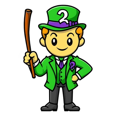 The Riddler villain with green suit, question mark cane, mischievous grin sticker