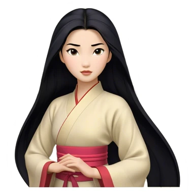 Cinematic Realistic Mulan Portrait, depicted with lifelike skin texture, soft natural lighting, and intricately detailed long black hair styled elegantly. Her deep, expressive eyes exude determination and grace, complemented by a serene yet confident expression. She is dressed in her classic attire, with rich fabric textures and delicate folds that catch the light beautifully. The portrait features a soft, enchanting glow with a natural, radiant finish, capturing the essence of timeless strength and beauty in a realistic and painterly style, evoking a sense of depth and authenticity. sticker