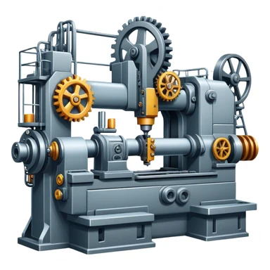 An icon featuring a giant machine tool in a factory, manufacturing machines. The design includes gears, mechanical parts, and a production line, representing the art of mechanical engineering and industrial design. Transparent background highlights precision engineering and manufacturing processes. sticker