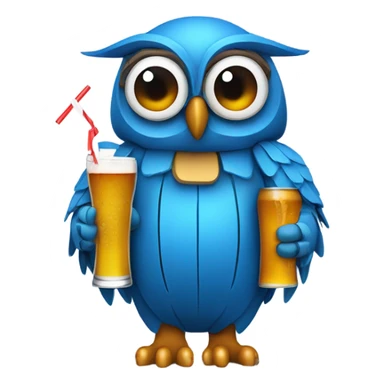 Blue owl wearing a helmet that has drinking straws on the sides to hold beer sticker