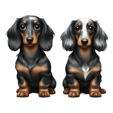 Two identical tri black merle long hair dachshunds together  sticker