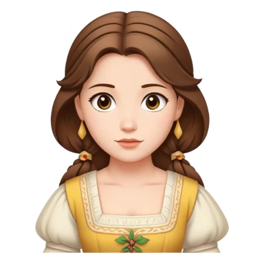 Cinematic Serene Belle Portrait Emoji, rendered in a simplified vector style. Depict a gentle Belle (chest and above) with fair, glowing skin, softly cascading brown hair, and a calm, inviting expression, dressed in her traditional village dress. The image exudes a soft, luminous glow and is outlined with a subtle, warm light. sticker