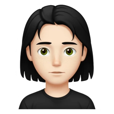 A beautiful boy with black hair and hazel green and brown eyes and white skin , with dark freckles and black t shirt with HAIRCUT: middle part hair hair with a center part haircut long  sticker