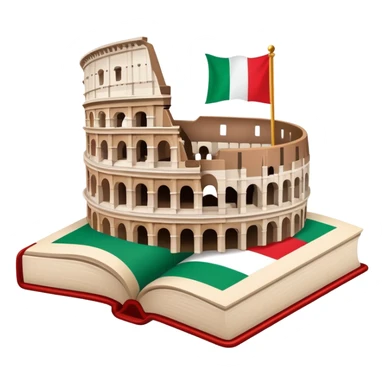 An icon featuring the Colosseum and the flag of Italy, symbolizing the Italian language. The design includes an open book with Italian phrases and a gondola, representing language learning and cultural exploration. Transparent background sticker