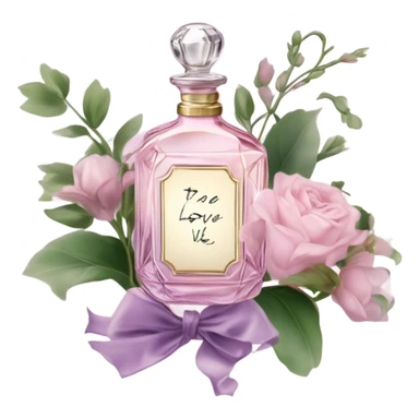 Aesthetic showcase of light pink stock flowers, a vintage-inspired violet perfume bottle, an emotional love note, and a purple silk bookmark. sticker