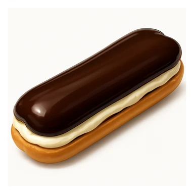 Add a glossy chocolate glaze on top of the dairy-filled eclair with cream showing, keeping the style and background the same as the original image. sticker