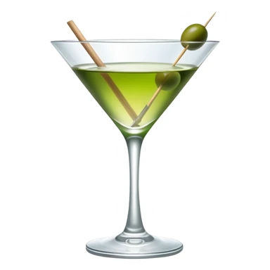 martini glass with absolutely clear water-like liquid, no color tint whatsoever, completely transparent, with a single green olive at the bottom on a wooden toothpick sticker