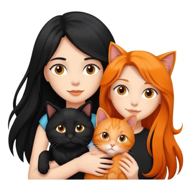 A black long haired girl holding a black cat and an orange long haired cat sticker