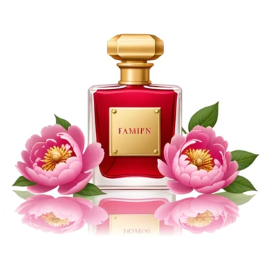 "A vintage red perfume flacon with a golden cap, set among pink peonies on a marble vanity. The soft glow highlights its old-world charm and refined elegance." sticker